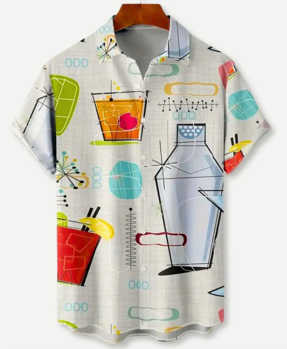 Man wearing a short sleeve floral Hawaiian shirt with lapel collar, made from elastic polyester fabric.