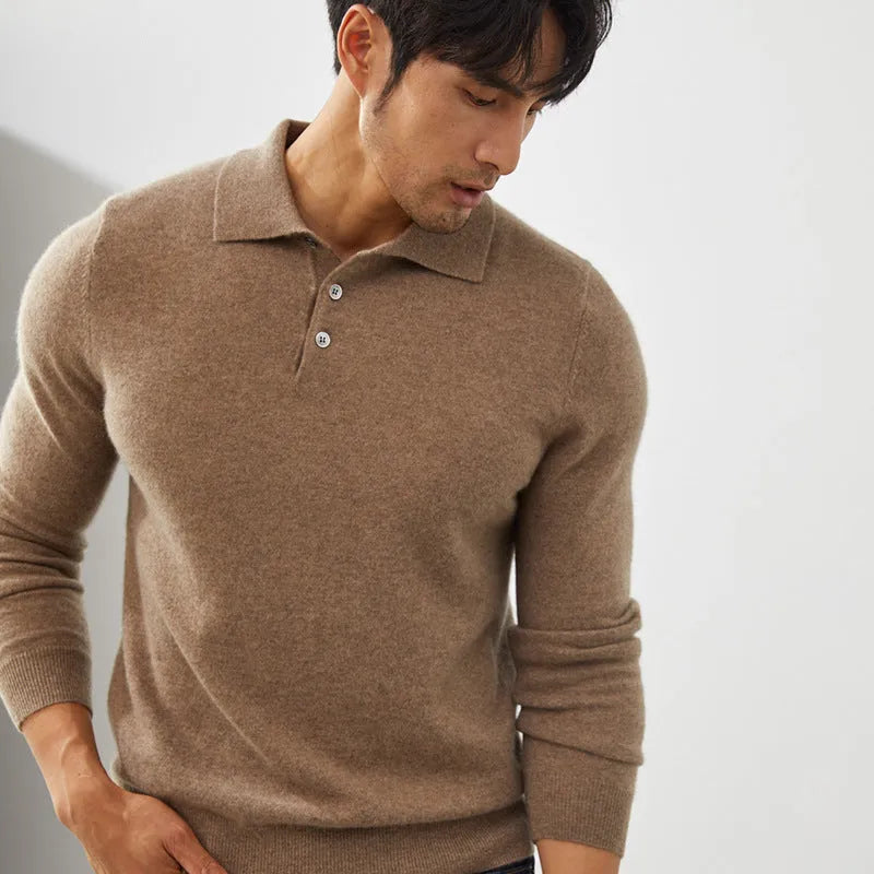 Men's cashmere polo collar pullover sweater in loose fit available in multiple colours and sizes
