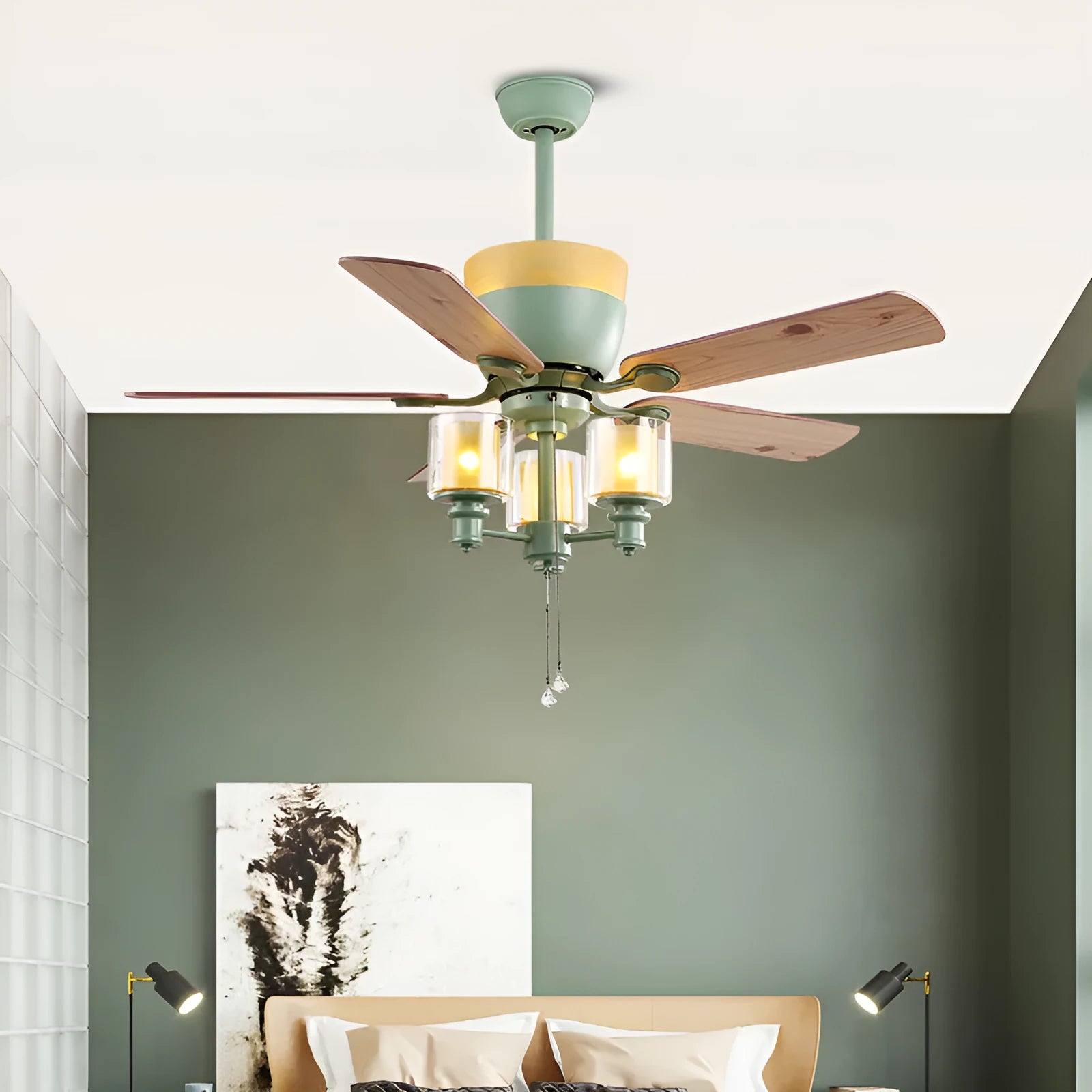 American style dark green 48-inch ceiling fan lamp with wood leaf blades and glass light shade for dining rooms