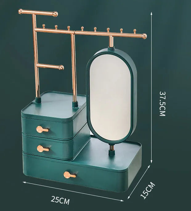 Light luxury cosmetics storage box with mirror in Pearl White, 27x17x18cm plastic desktop organiser