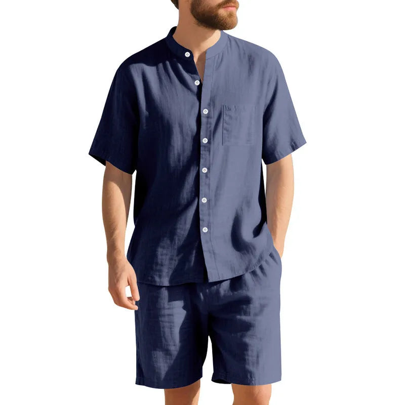 Men's light blue short sleeve linen shirt and shorts two-piece casual suit set on a hanger.