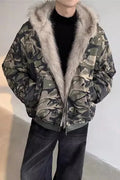 Men's retro washed camouflage fur collar hood jacket with loose fit and cotton lining