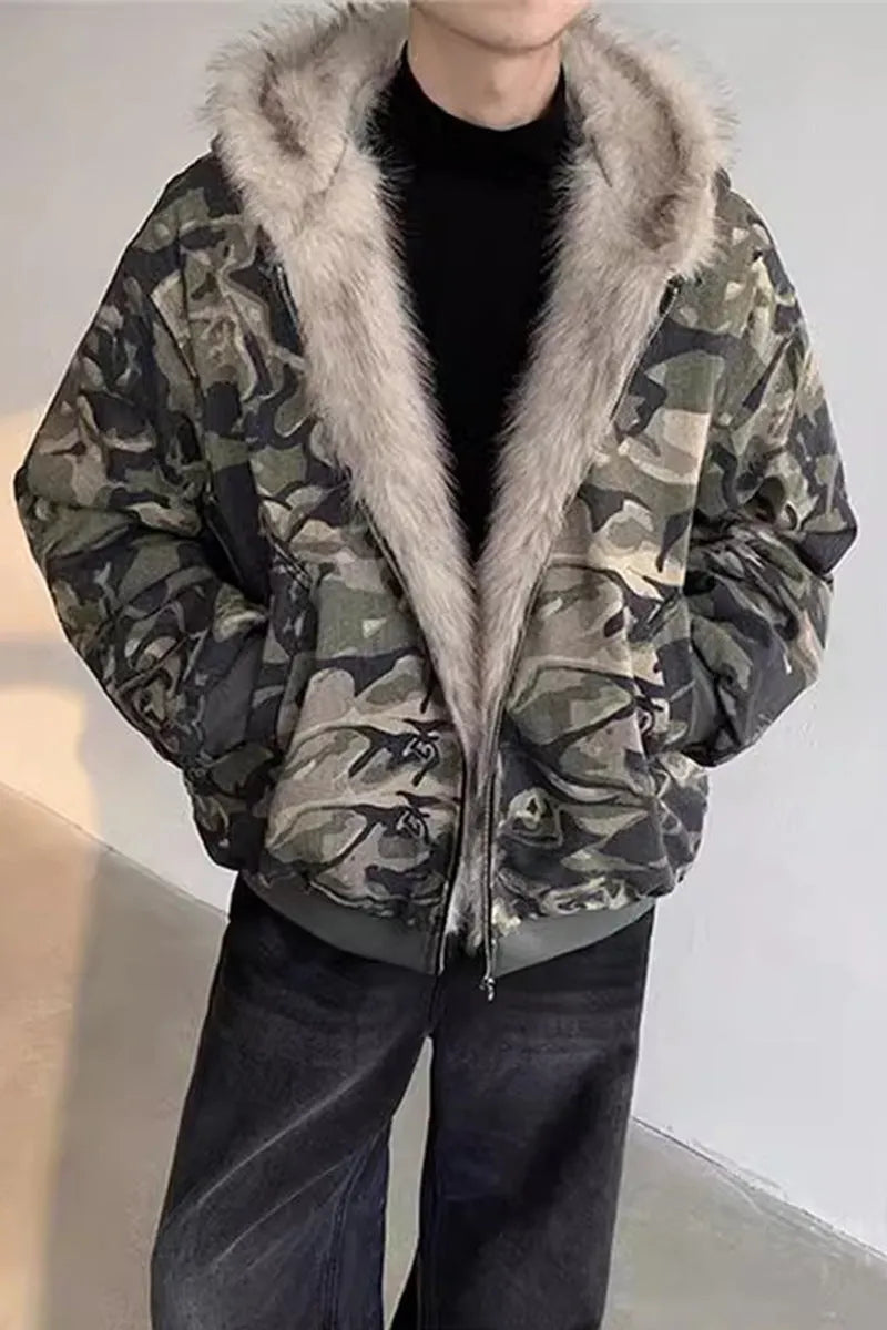 Men's retro washed camouflage fur collar hood jacket with loose fit and cotton lining