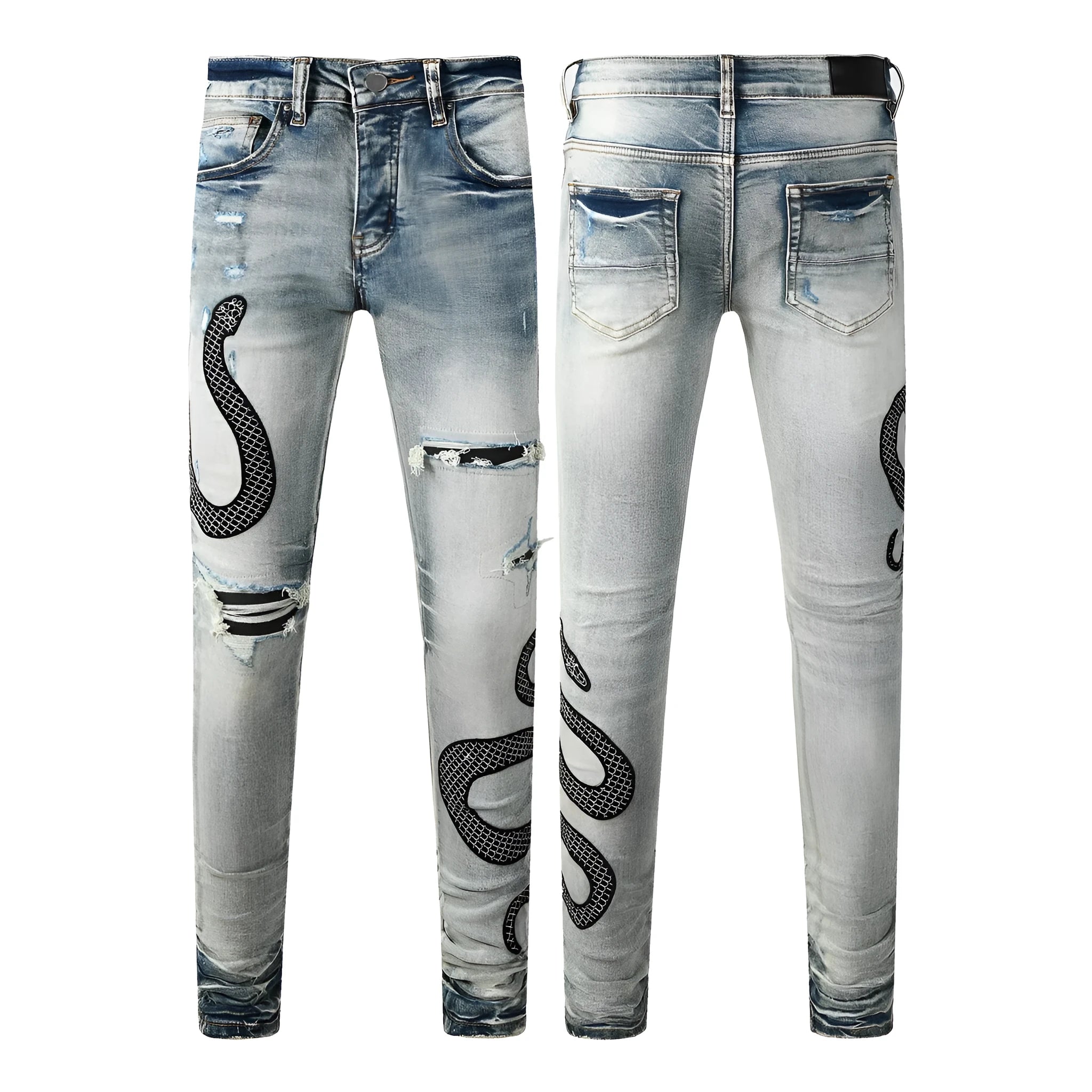 Close-up of wash distressed blue skinny jeans with a button fly and retro styling on a hanger.