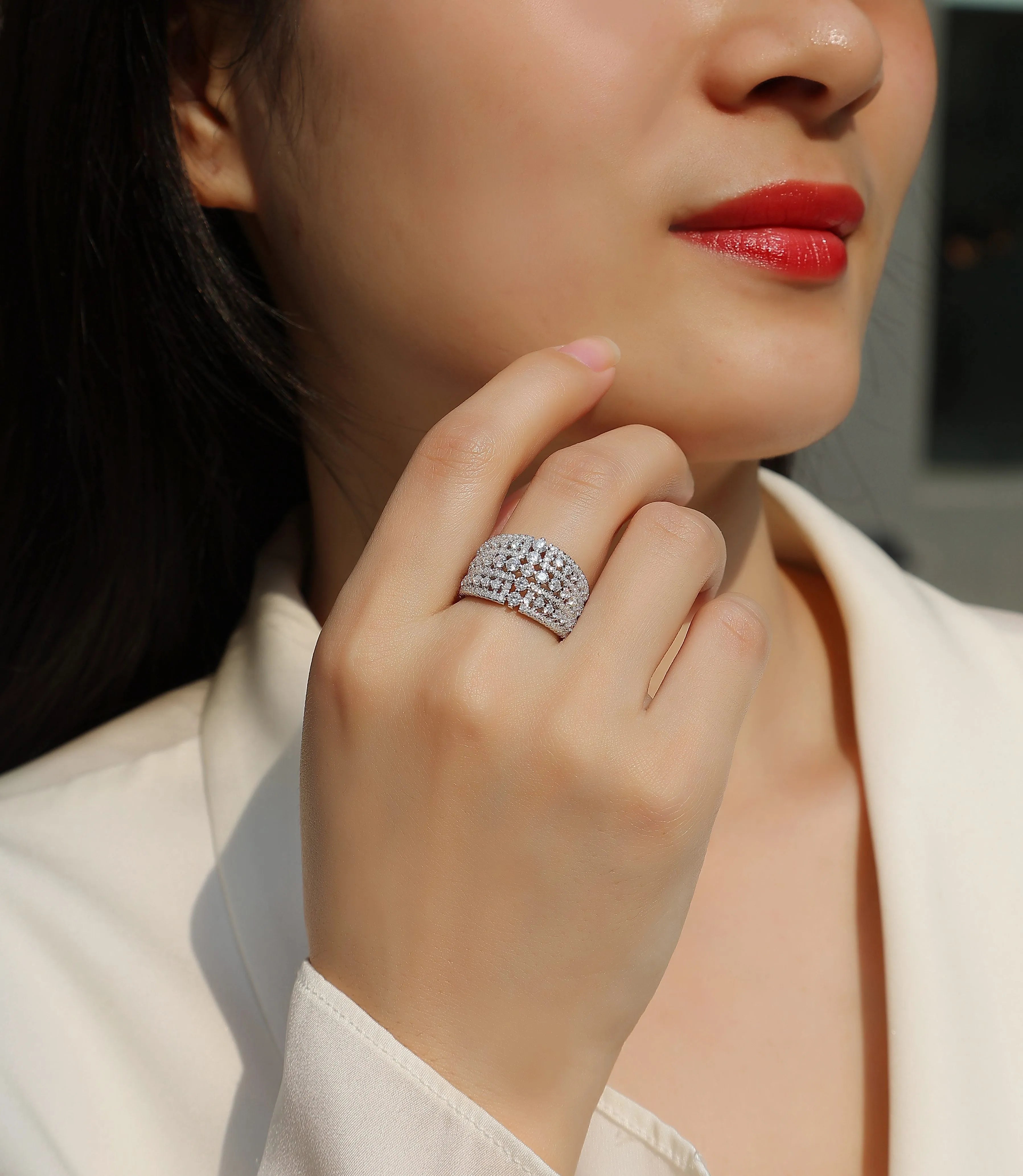 Ballet of Time moissanite wedding ring set in platinum finish with silver band and gift box