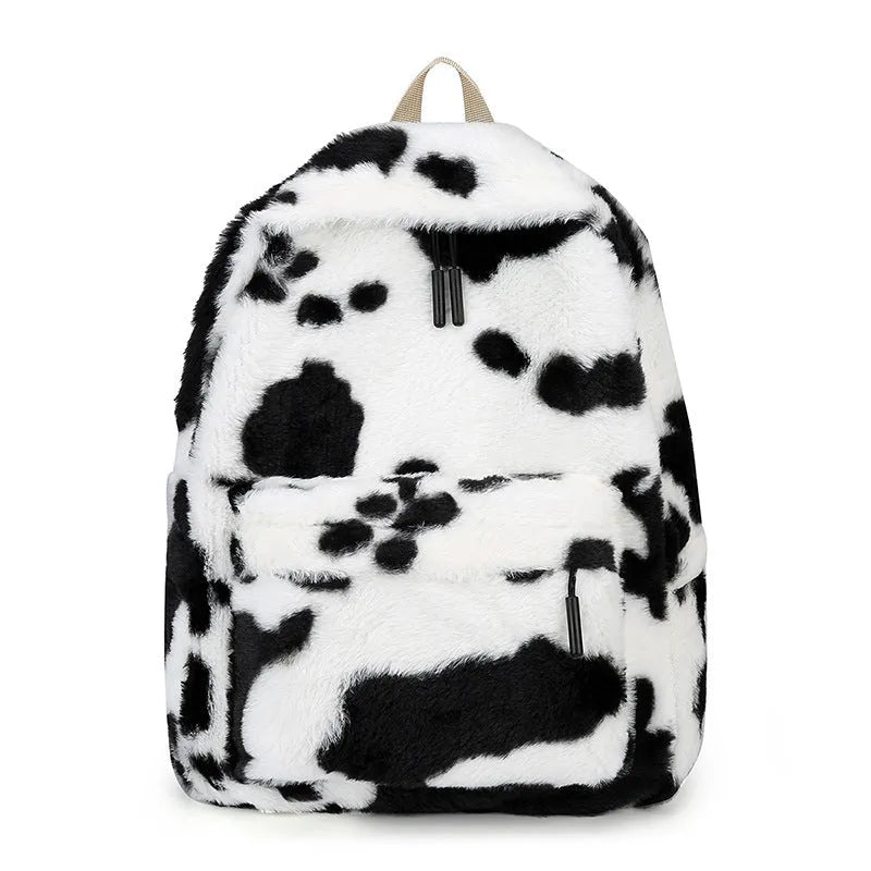 Fall cute plush student backpack with three-dimensional pocket in cow style colour
