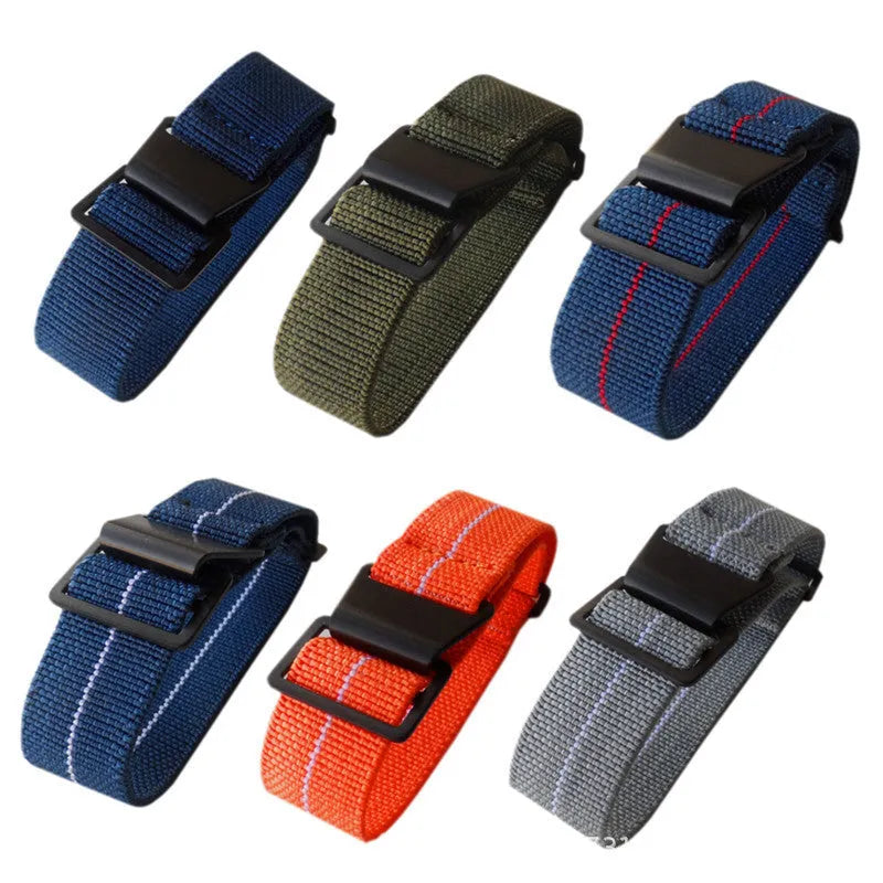 Nylon parachute watchband in green, blue, and black with silver buckle, 18mm 20mm 22mm widths
