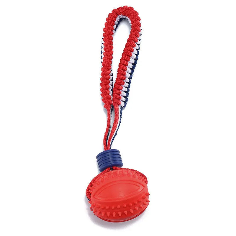 Blue rubber dog ball with rope handle for tug-of-war and teeth cleaning