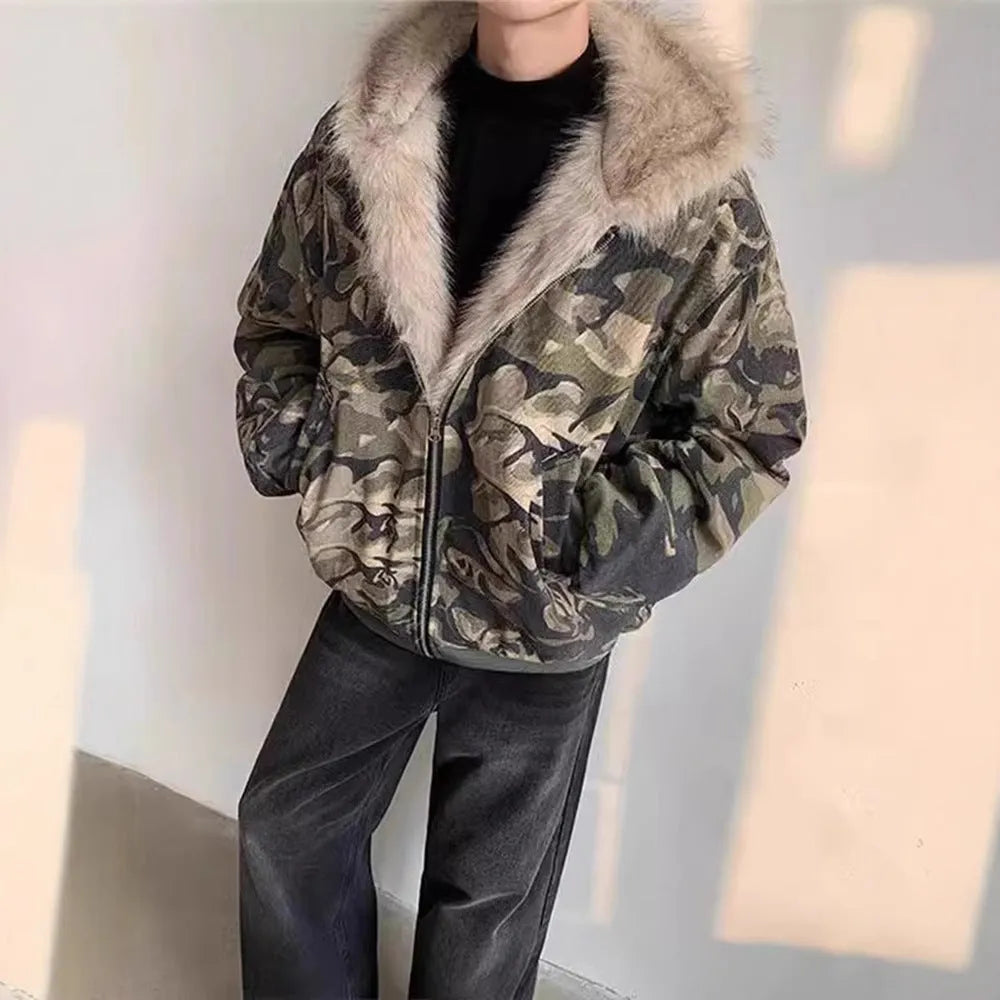Men's retro washed camouflage fur collar hood jacket with loose fit and cotton lining