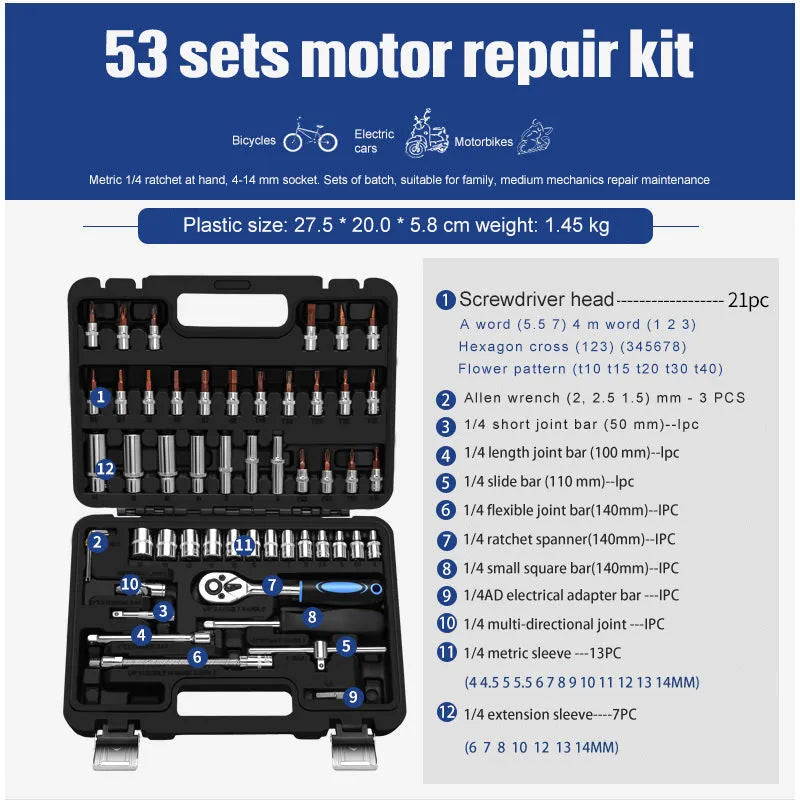 Chromium vanadium steel socket ratchet wrench set with ratchet handle and assorted sockets for repair.