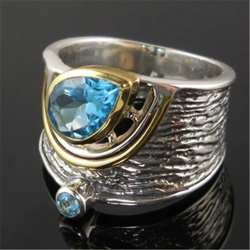 Blue zircon rhinestone ring with drop shape design in Chinese style for women