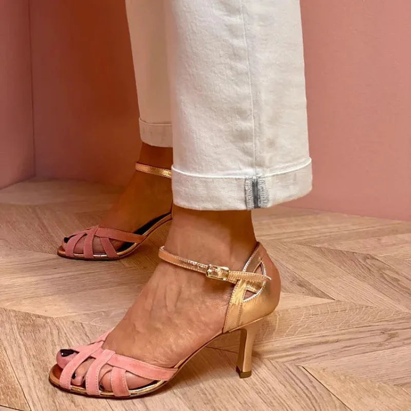 Colour options of a peep toe summer sandal with a herringbone toe strap and buckle fastening.