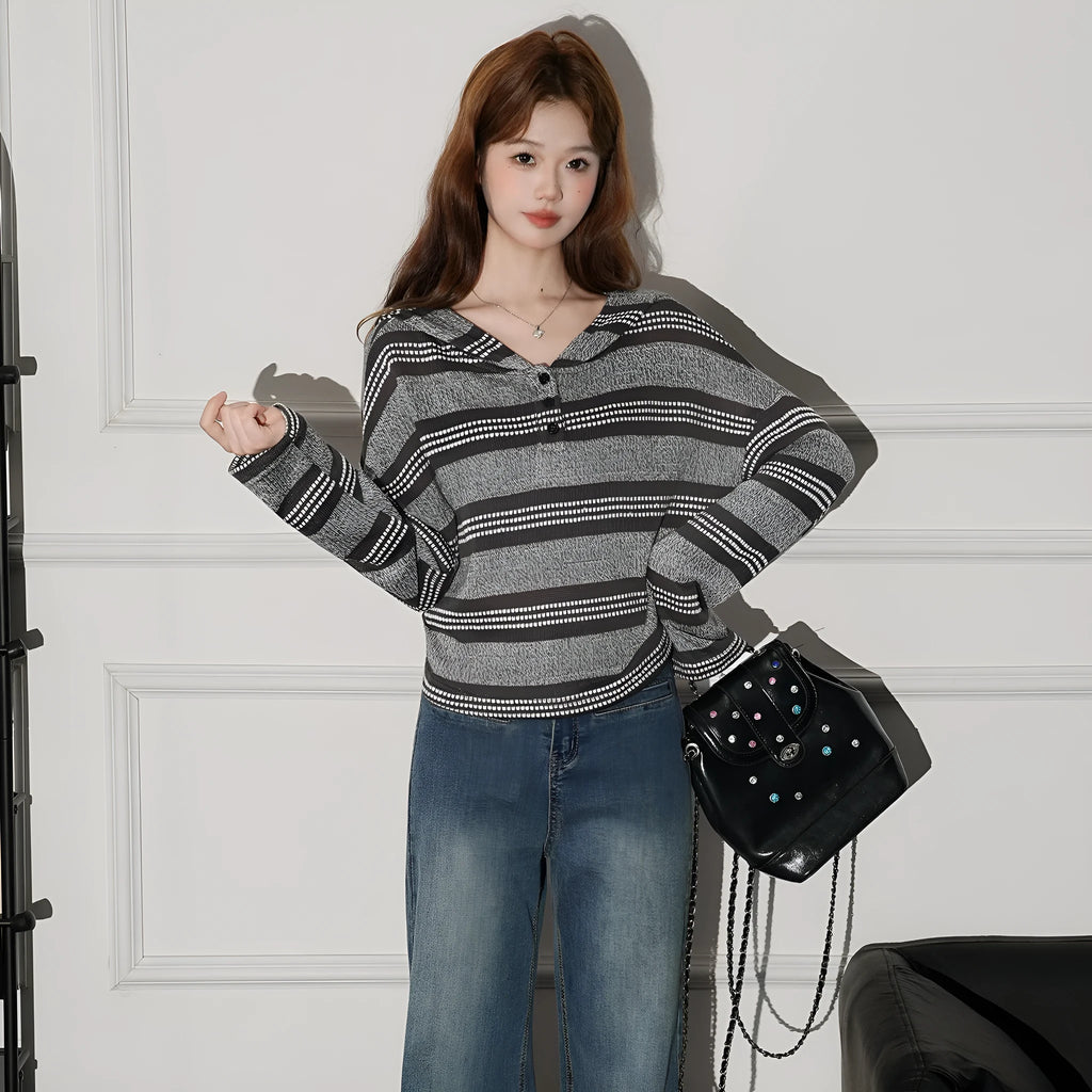 Striped button hooded long sleeve knitwear in dark coffee colour, loose fit pullover style, short length 40cm