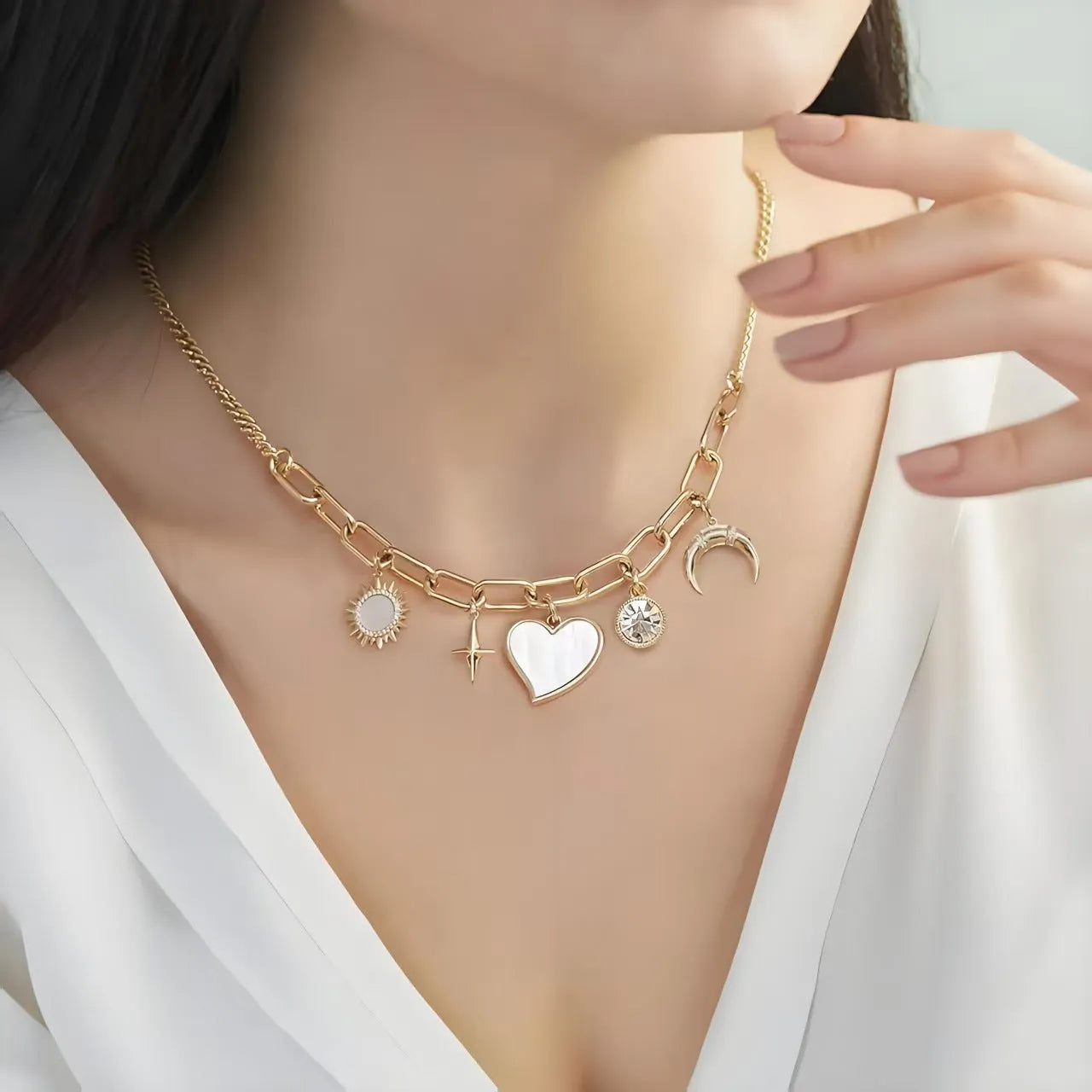 Gold alloy heart-shaped pendant necklace with inlaid zircon moon and star on bamboo chain