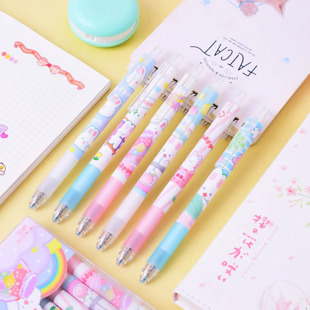Six cartoon bunny design pens with 0.5mm black ink refills for student and office stationery