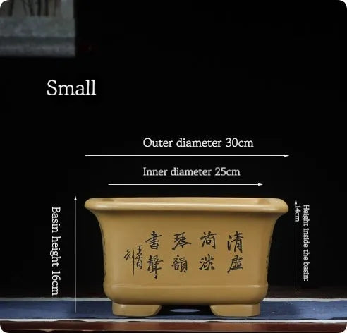 Large Chinese-style purple clay flower pot for indoor bonsai and plants.