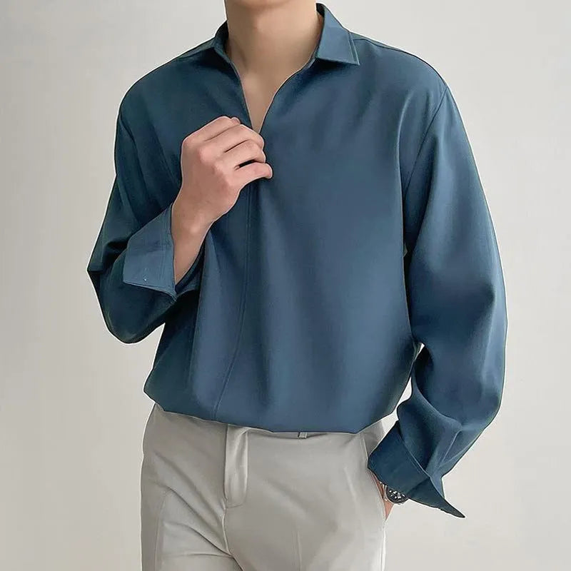 Men's loose lapels casual shirt in polyester fabric showing non-ironing properties and solid colour options