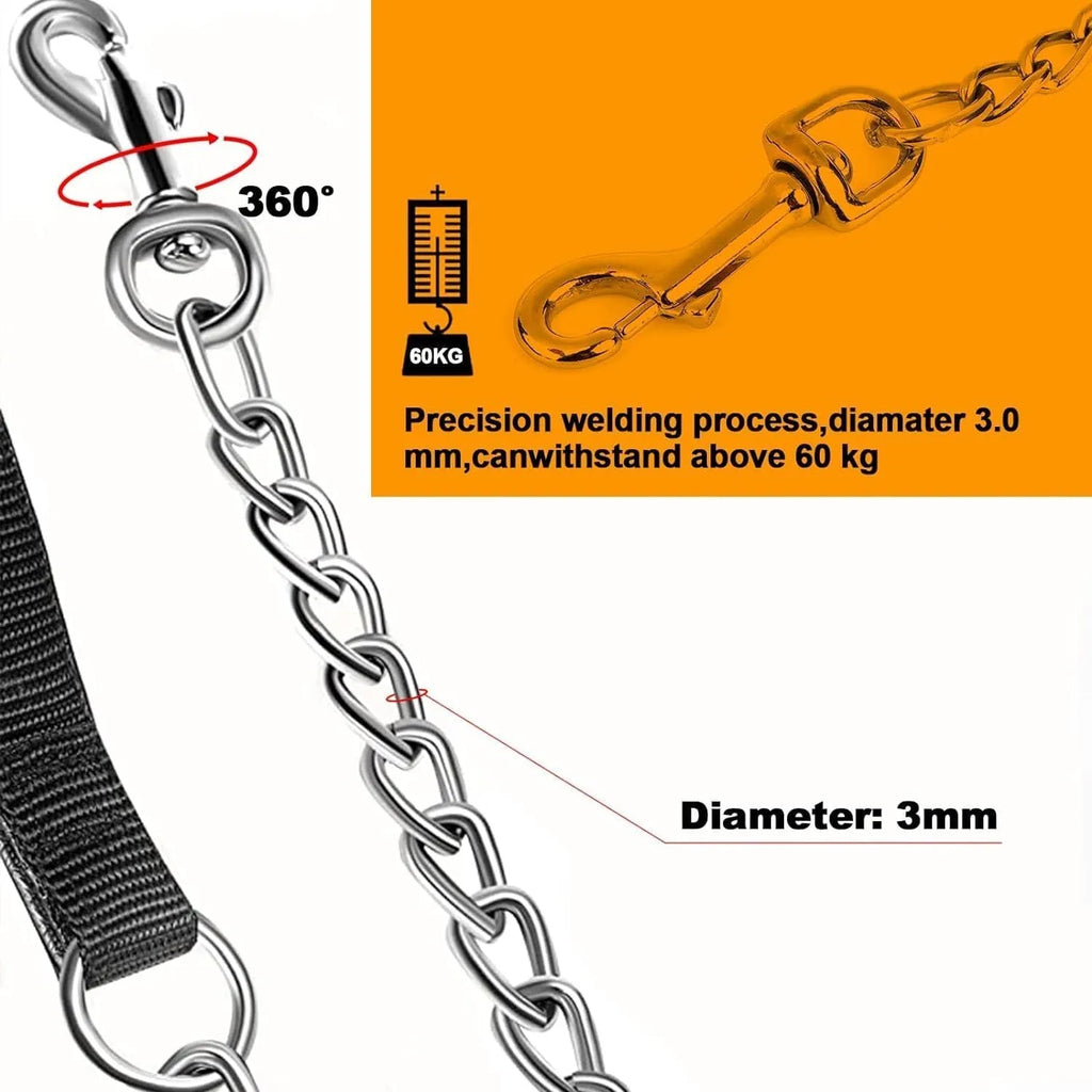 Heavy duty metal dog leash chain with soft black padded handle, shown with red collar attachment.