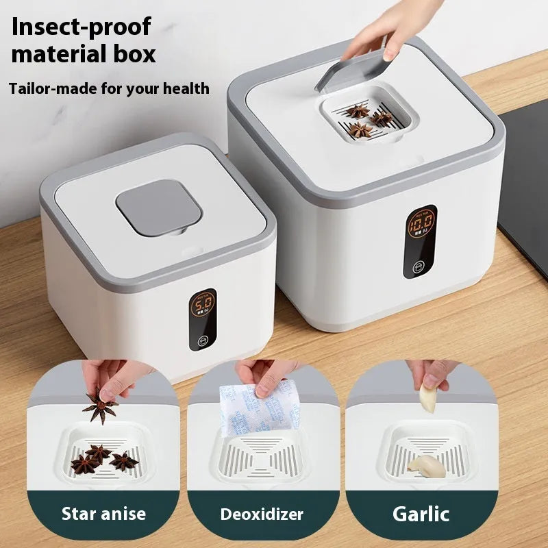 Grey plastic sealed rice storage jar with lid and measuring cup in 10kg, 20kg, or 30kg sizes.