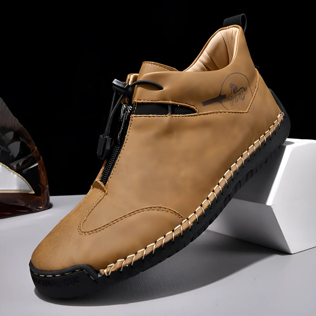 Men's casual leather shoes in khaki with round toe, mid heel, and reinforced leather upper.