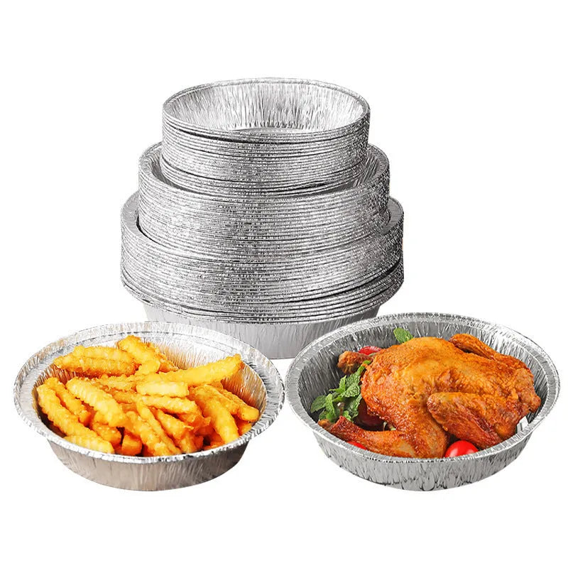 Round disposable aluminium foil liner for air fryer with 4cm high edges, 8 inch size, on a white background