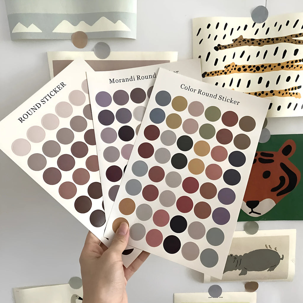 Morandi earth colour polka dot seal sticker sheet with 48 die-cut 2 cm circle stickers on an A5 size 16x24.5 cm sheet