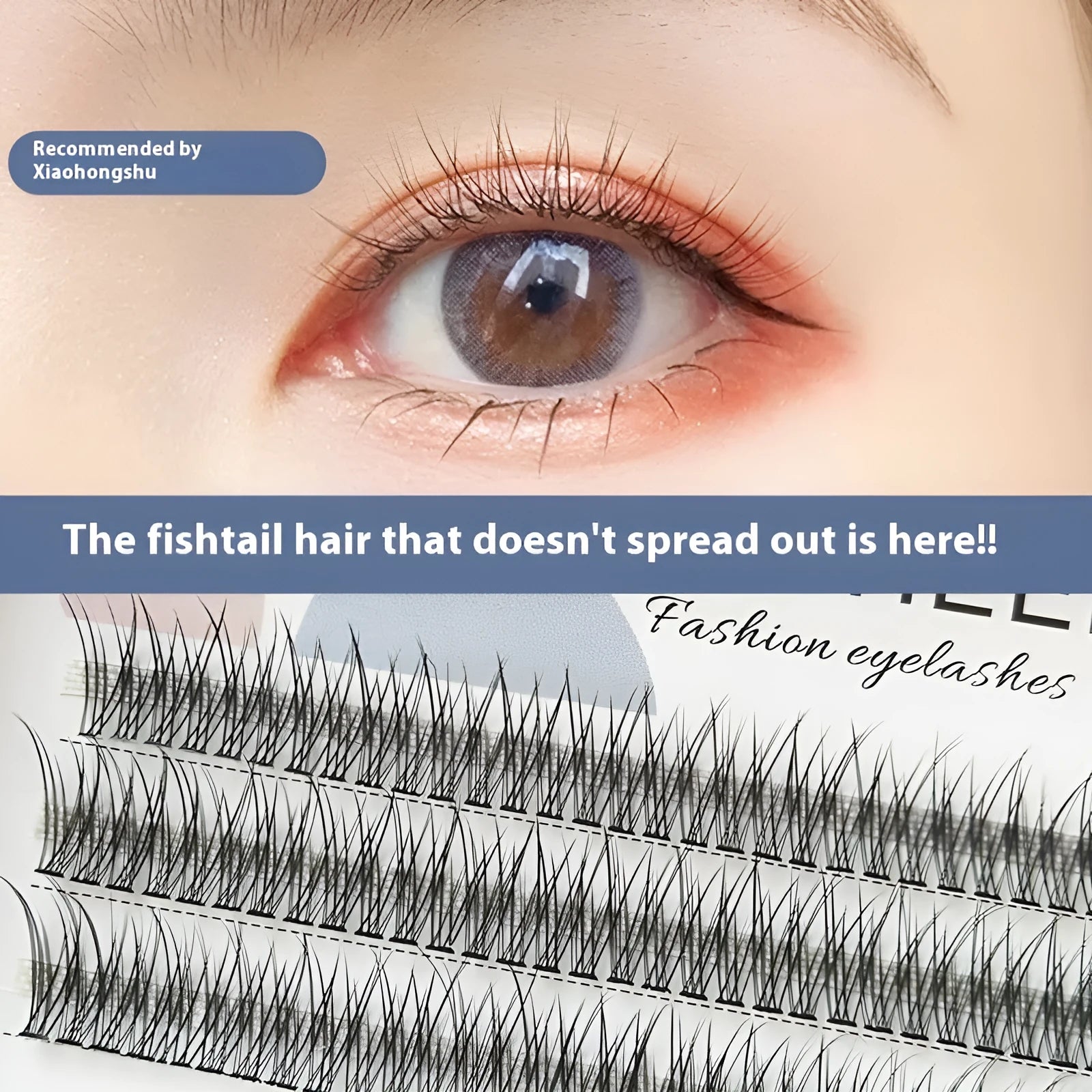 Black V-shaped Fairy Fishtail false eyelashes with thick segments on a clear tray, showing the 8mm to 12mm length options.