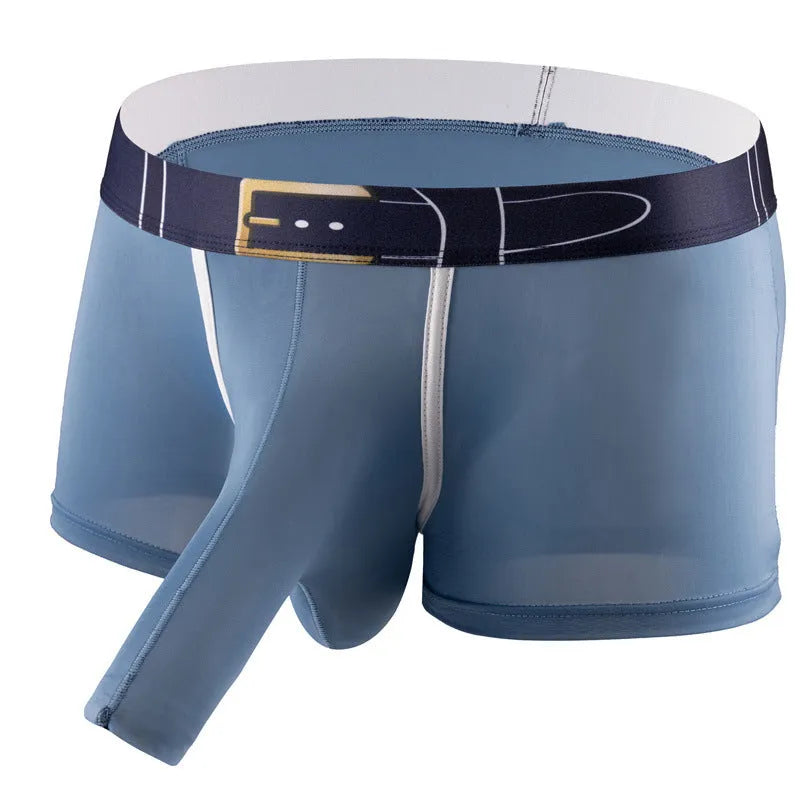 Men's solid colour boxer shorts in ice silk fabric, shown in grey, on a white background.