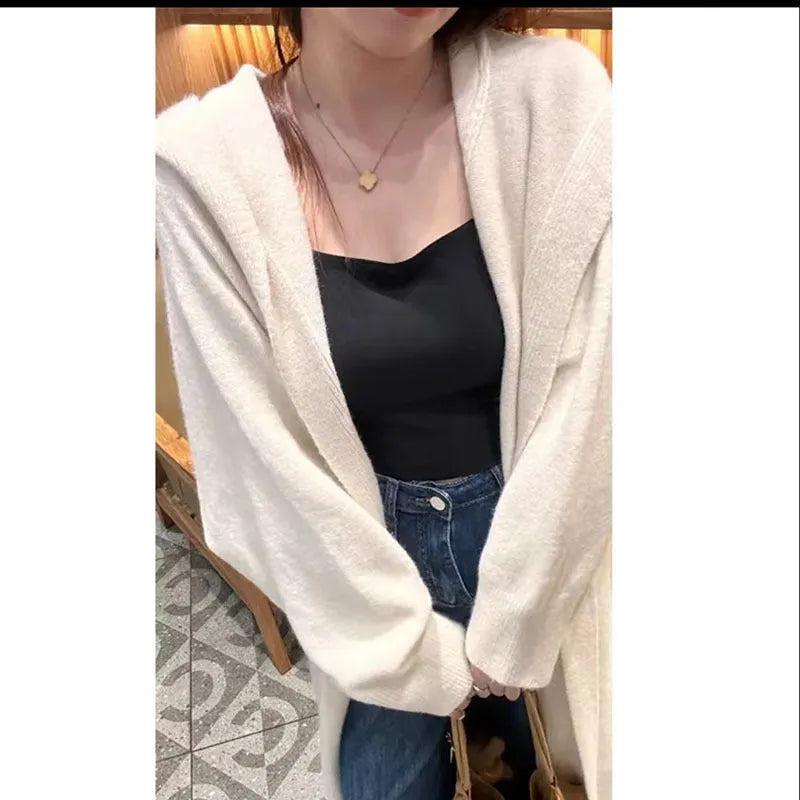 Korean style hooded long knitted cardigan for women in brown colour, below knee length