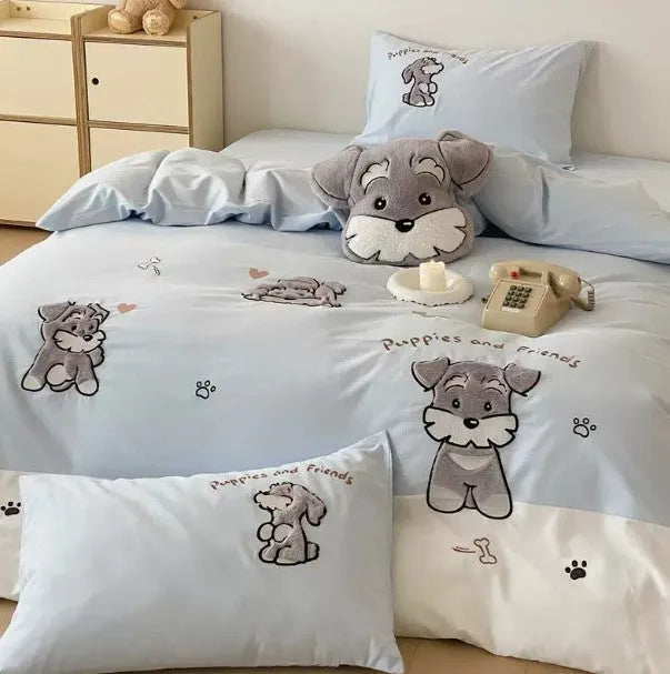 Cartoon schnauzer dog pattern bedding set with embroidery on thickened cotton fabric