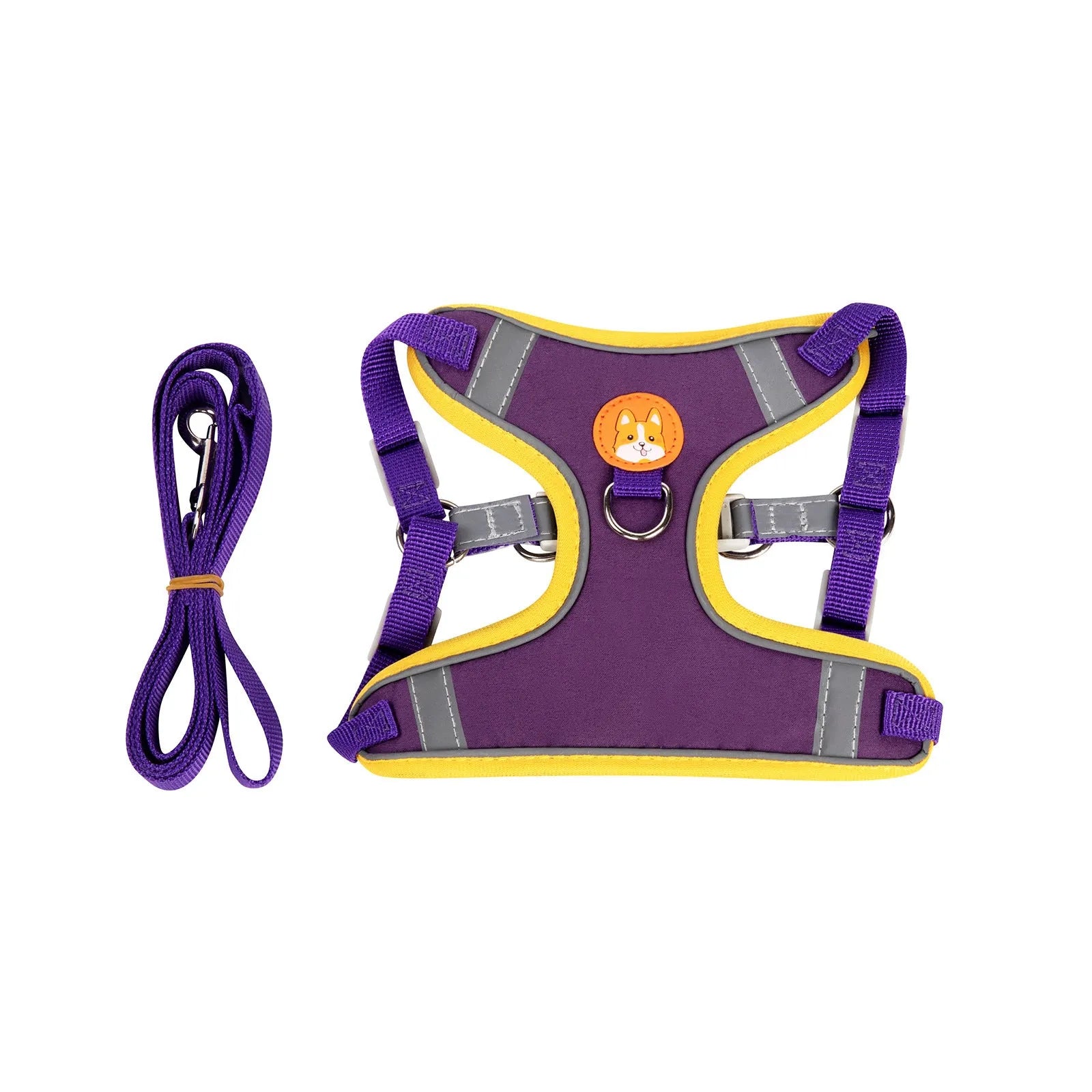 Adjustable purple dog haulage rope harness with chest strap shown on a dog.