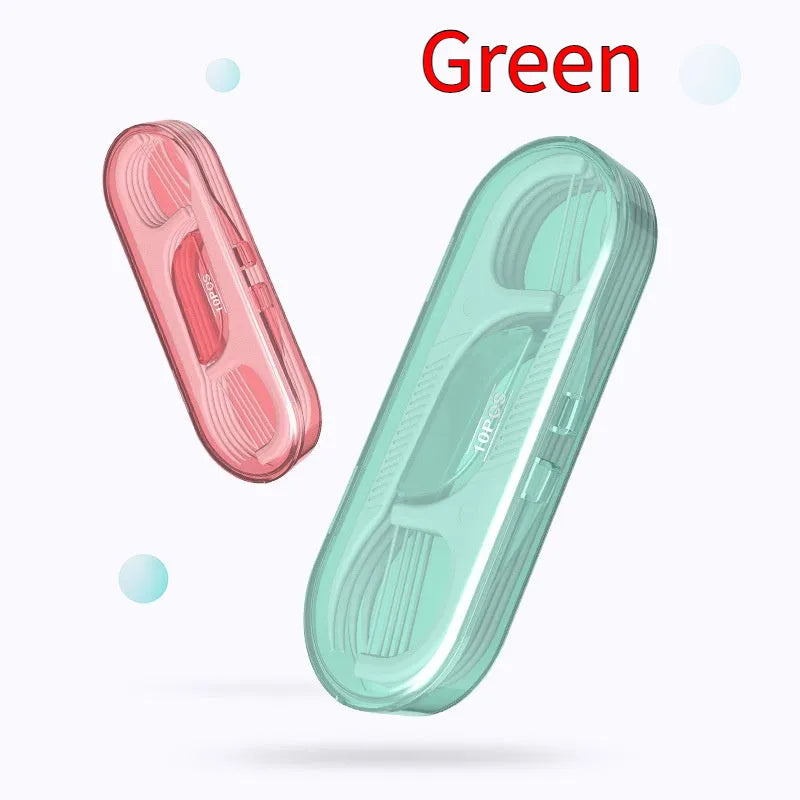 Plastic packaged dental floss showing 100 or 108 count options with portable bag format