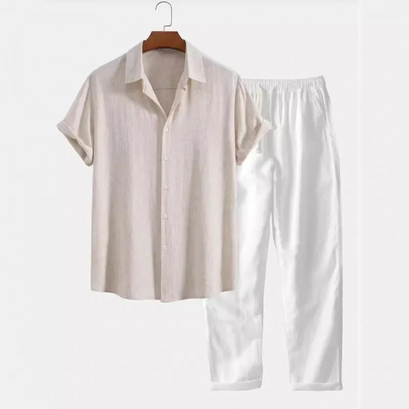 Men's loose fit linen-blend short sleeve shirt and trousers casual suit set on a hanger.