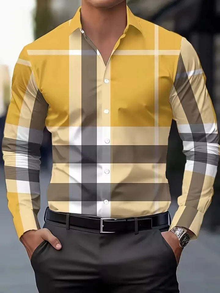Men's striped long sleeve button lapel shirt in polyester fabric