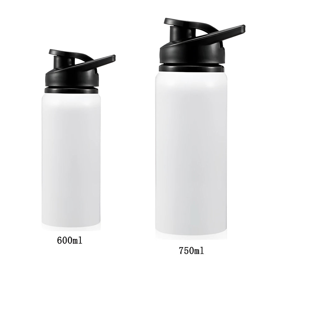 White aluminium sports cycling water bottle in 600ml and 750ml sizes for outdoor hydration