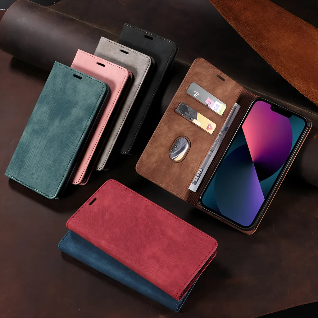 Magnetic flip leather phone case for iPhone in grey, showing front cover closed.