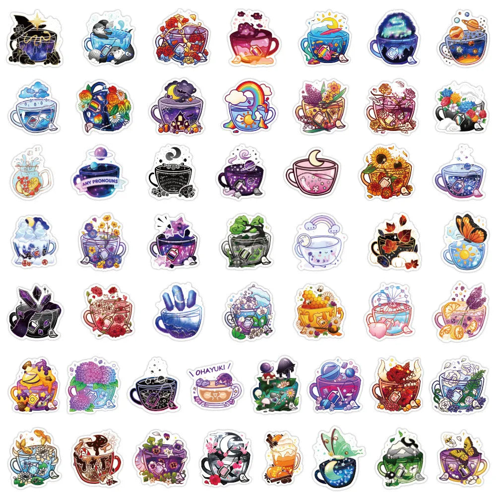 Pack of 50 colourful tea cup graffiti stickers in a Nordic style for waterproof DIY decoration.