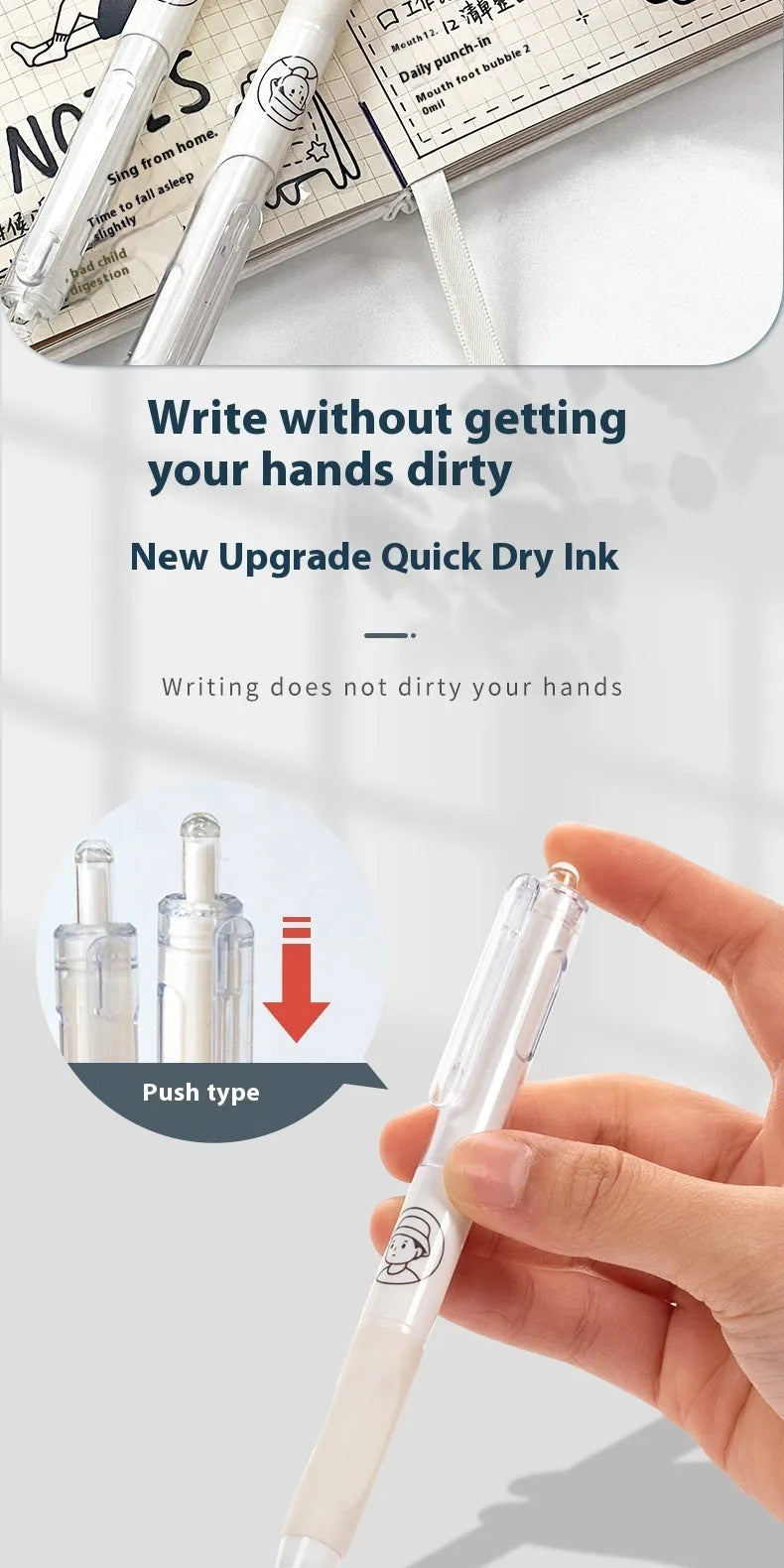 Five white ballpoint pens with 0.5mm black ink tips for student writing and exam use