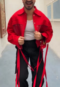 Men's red short jacket on display showing front view and cropped cut