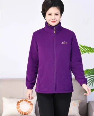 Thickened fleece hooded cardigan in peacock blue with full front zipper, on a plain background