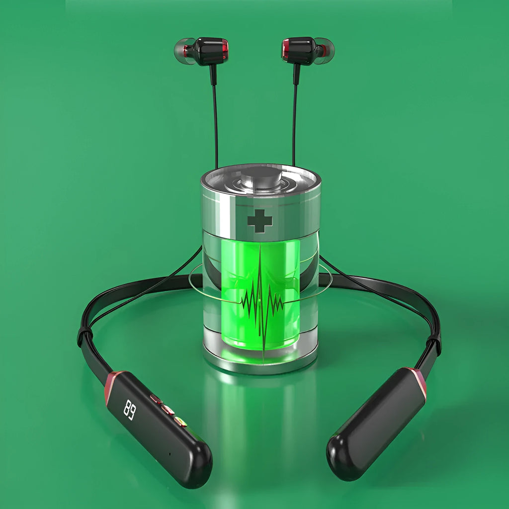 Wireless Bluetooth neck-hanging sports headset in black with digital battery display, bilateral stereo ear cups