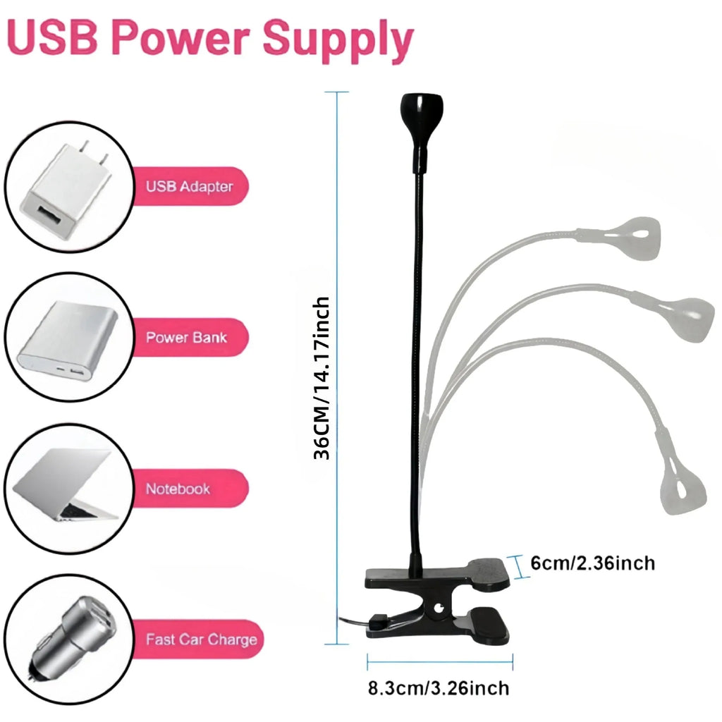 Goose neck nail lamp with USB clip, 395nm purple light curing UV glue on nails in a home manicure setting.