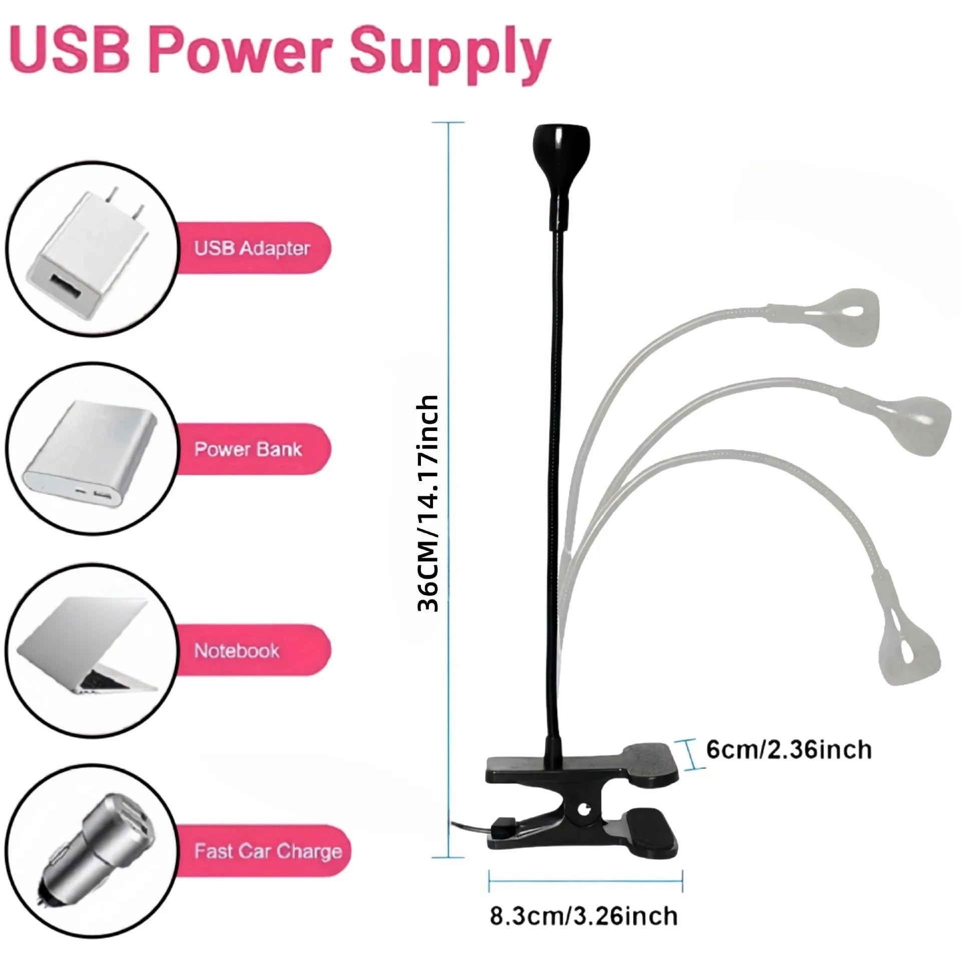 Goose neck nail lamp with USB clip, 395nm purple light curing UV glue on nails in a home manicure setting.