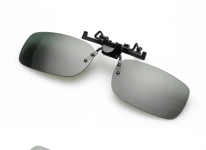Myopia sunglasses clip for drivers with polarised PC lenses in grey, dark green, and night vision tint options