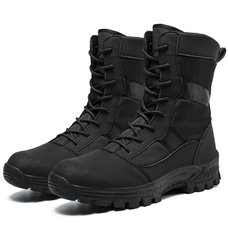 Men's black and camouflage high-top combat boots with mesh upper and totem detail.