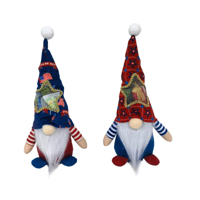 Two cloth Christmas ornaments: a faceless baby doll and a Rudolf candy bag on a red background.