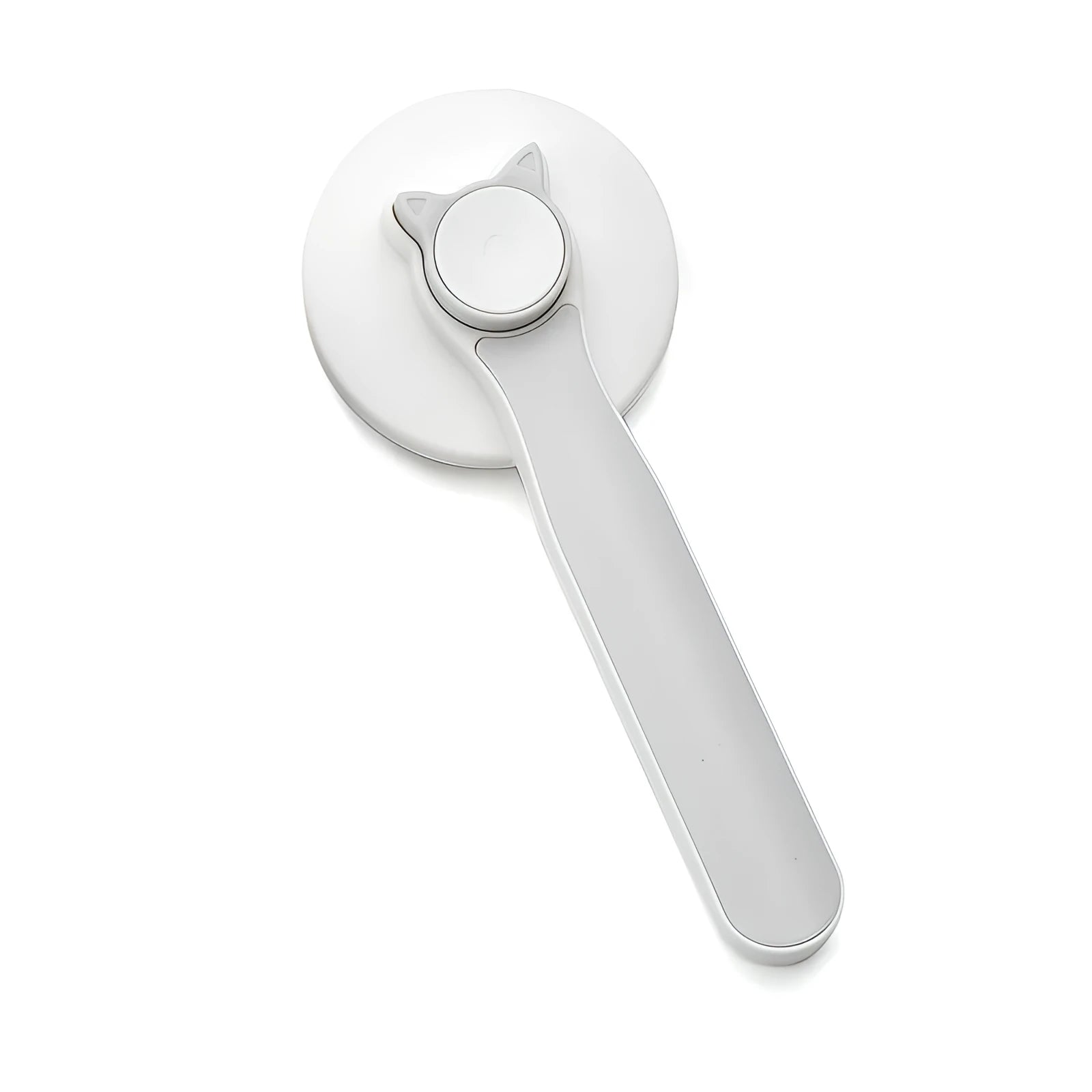 Blue self-cleaning slicker brush for dogs and cats on a table, showing ergonomic rubber handle and stainless steel pins.