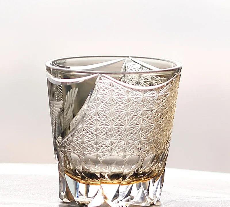 Hand-carved crystal glass whiskey cup retro Jianghu style with wooden box, single cup