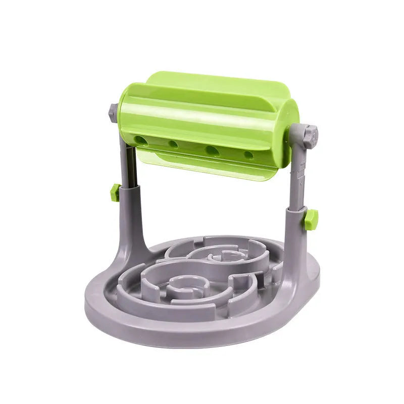 Blue adjustable height interactive pet puzzle feeder bowl with raised food tray patterns