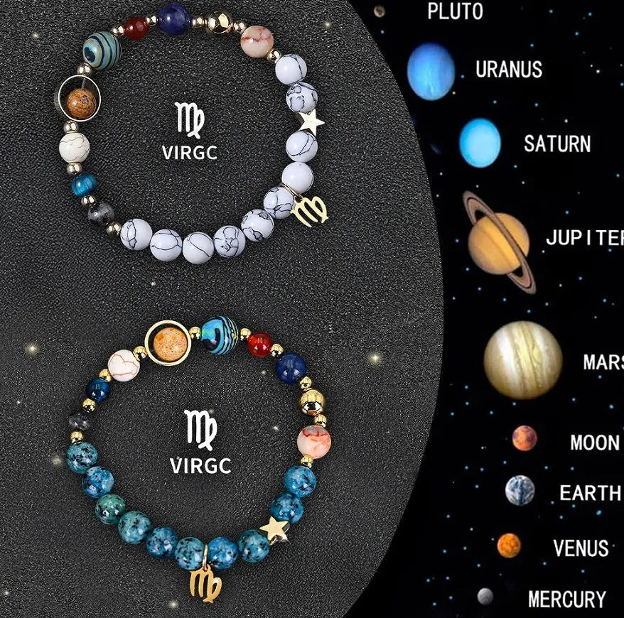 Set of twelve natural stone bead zodiac bracelets showing different star sign designs with adjustable strings